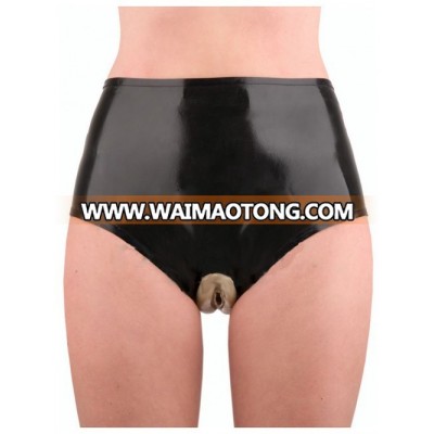 2015 new fashion Sexy black latex rubber shorts underwear briefs for woman with condoms and anus sleeve